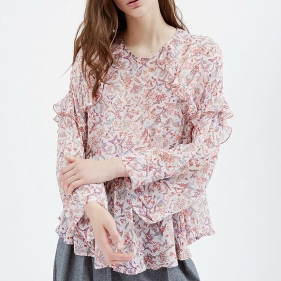 IRO Paris Women‎ Top Medium Chiffon Ruffle Bow Floral White Pink Regency - Picture 1 of 7